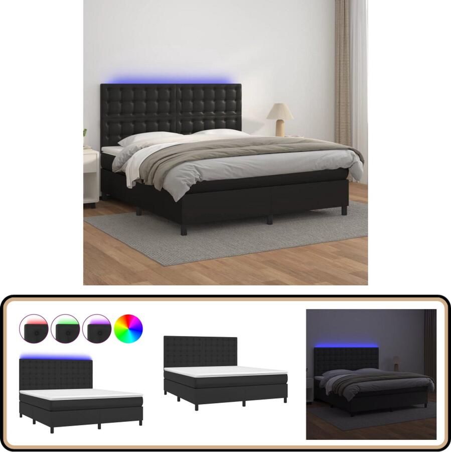 VidaXL Boxspring 180x200 cm Kunstleer Zwart Boxspring Bed Frame Lederlook Elektrisch Bed Led Verlichting Pocketveer Matras Slaapcomfort