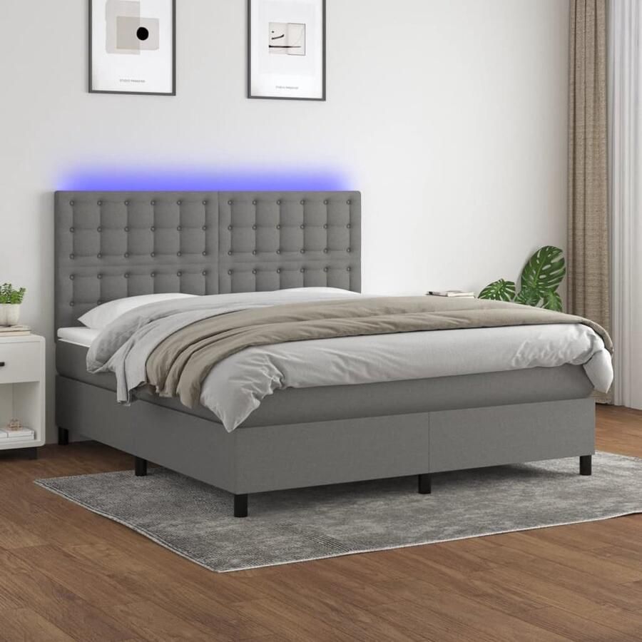 VidaXL Boxspring 180x200 cm LED Donkergrijs Boxspring Led Boxspring Donkere Boxspring Slaapcomfort Pocketed Veren Matras Lederlook Boxspring Design Boxspring Tweepersoons Boxspring - Foto 2