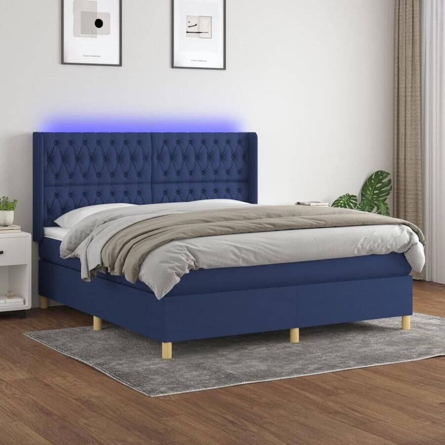 VidaXL Boxspring met matras en LED 160x200 cm Blauw Boxspring Led Bed Slaapcomfort Pocketvering Blauwe Boxspring Tweepersoons Bed Frame Bed Hoofdbord Bedroom Furniture - Foto 2