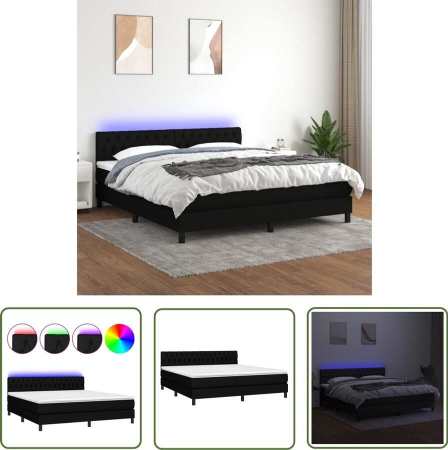 VidaXL Boxspring 180x200 cm Zwart Inclusief LED Boxspring Bed Led Bed Pocketveer Matras Hoofdbord Slaapcomfort Zwarte Boxspring Luxe Bed Bedroom Furniture