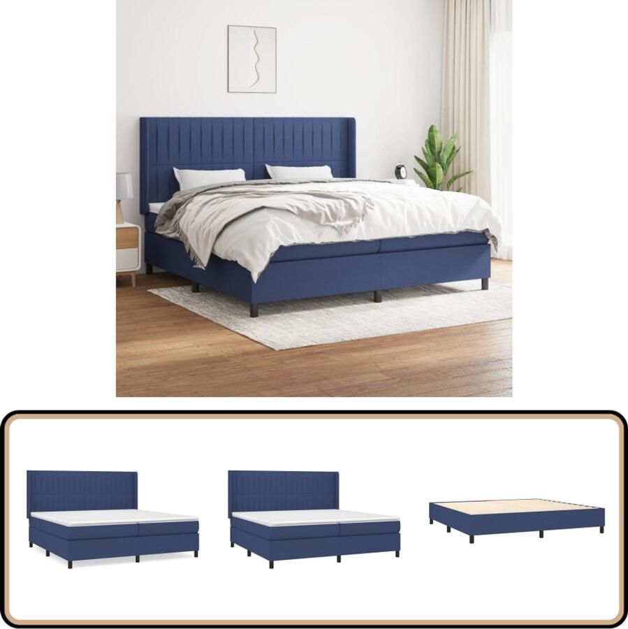VidaXL Boxspring 200x200 cm Blauw Inclusief Matras Boxspringbed Boxspring Tweepersoonsbed Bed Frame Slaapkamer Meubilair Pocketed Spring Mattress Adjustable Headboard Blue Bedroom Furniture