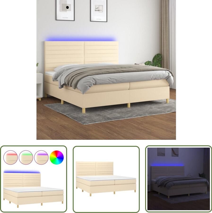 VidaXL Boxspring 200x200 cm crèmekleurig LED-verlichting Boxspring Led Boxspring Creme Boxspring Met Led Pocketed Spring Mattress Lederlook Boxspring