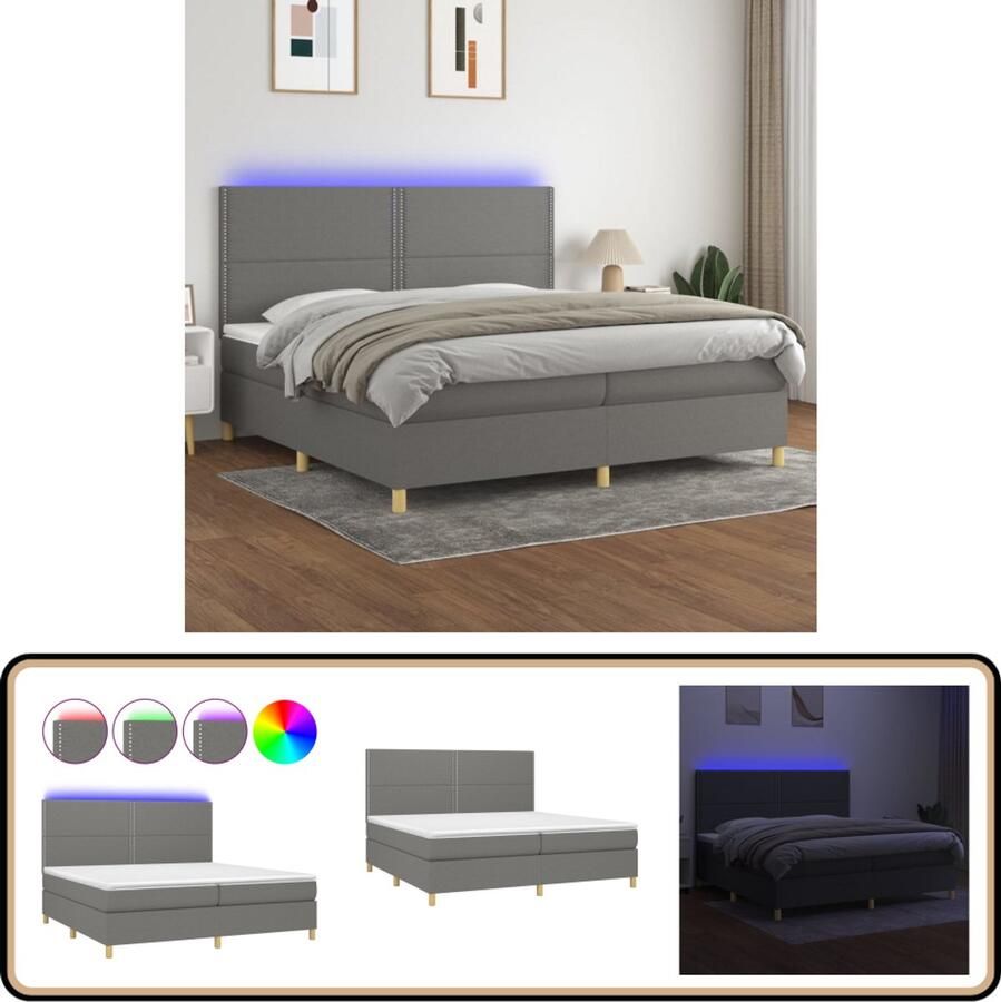 VidaXL Boxspring 200x200 cm Donkergrijs LED Boxspring Donkere Kleuren Led Verlichting Pocketed Veren Slaapcomfort Tweepersoonsbed Groot Bed Design Bed Trendy Bed