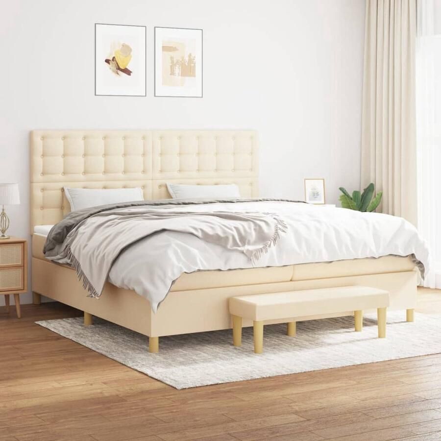 VidaXL Boxspring 200x200 cm Inclusief Matras en Bankje Boxspringbed Slaapcomfort Creme Kleur Pocketed Veren Middenhard Matras
