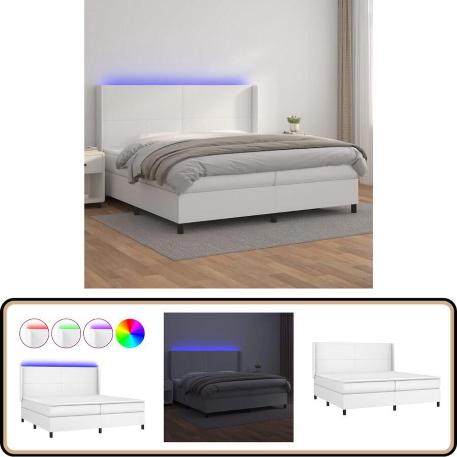 VidaXL Boxspring 200x200 cm Kunstleer LED Wit Boxspring Led Boxspring Kunstleder Bed Verstelbare Hoofdbord Pocketed Spring Mattress