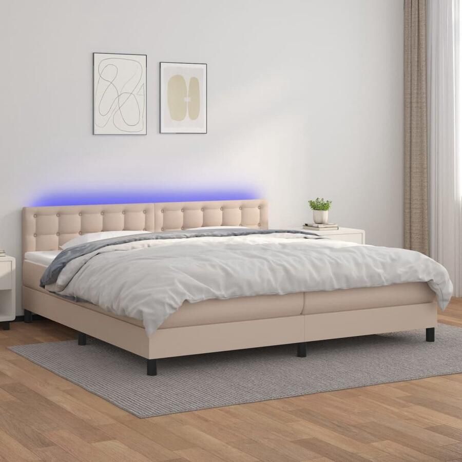 VidaXL Boxspring 200x200 cm LED Cappuccino Boxspring Bed Led Verlichting Kunstleder Verstelbare Hoofdbord Pocketveer Matras Huidgevend Topmatras Cappuccino Kleur Tweepersoons Bed - Foto 2