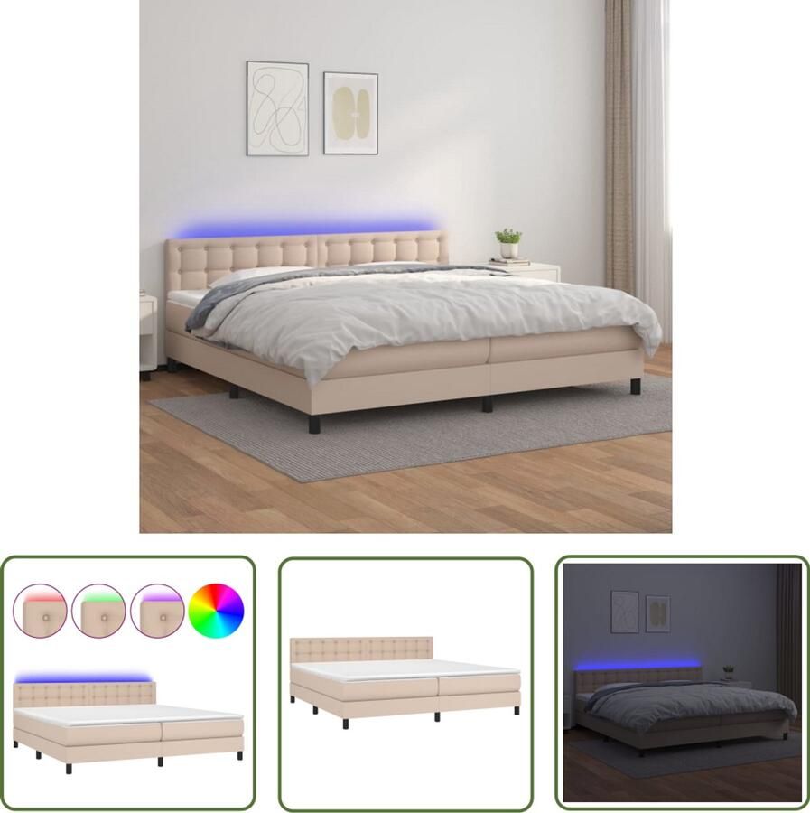 VidaXL Boxspring 200x200 cm LED Cappuccino Boxspring Bed Led Verlichting Kunstleder Verstelbare Hoofdbord Pocketveer Matras Huidgevend Topmatras Cappuccino Kleur Tweepersoons Bed
