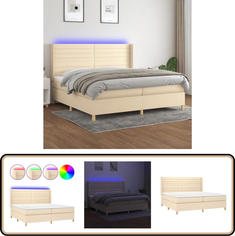 VidaXL Boxspring 200x200 cm LED Crèmekleurig Boxspring Bed Frame Lederlook Cremekleurig Verstelbare Hoofdbord