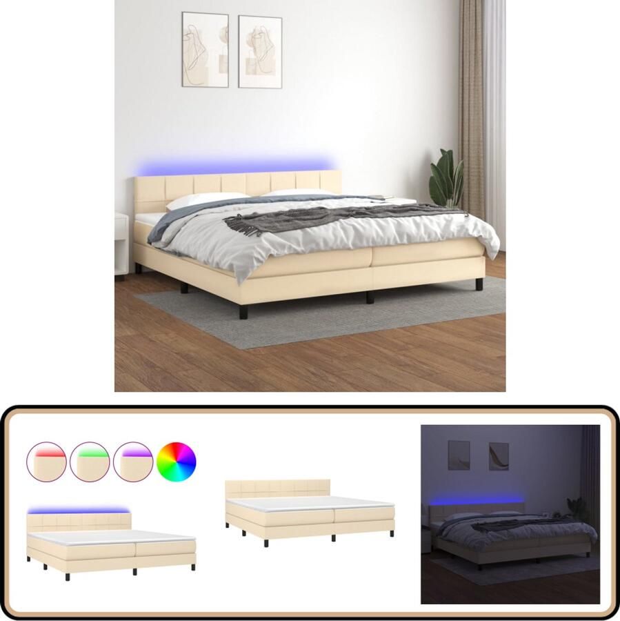 VidaXL Boxspring 200x200 cm LED crèmekleurig Boxspring Boxsprings Cremekleurig Tweepersoons Bed Led Lampje Adjustable Headboard Slaapcomfort