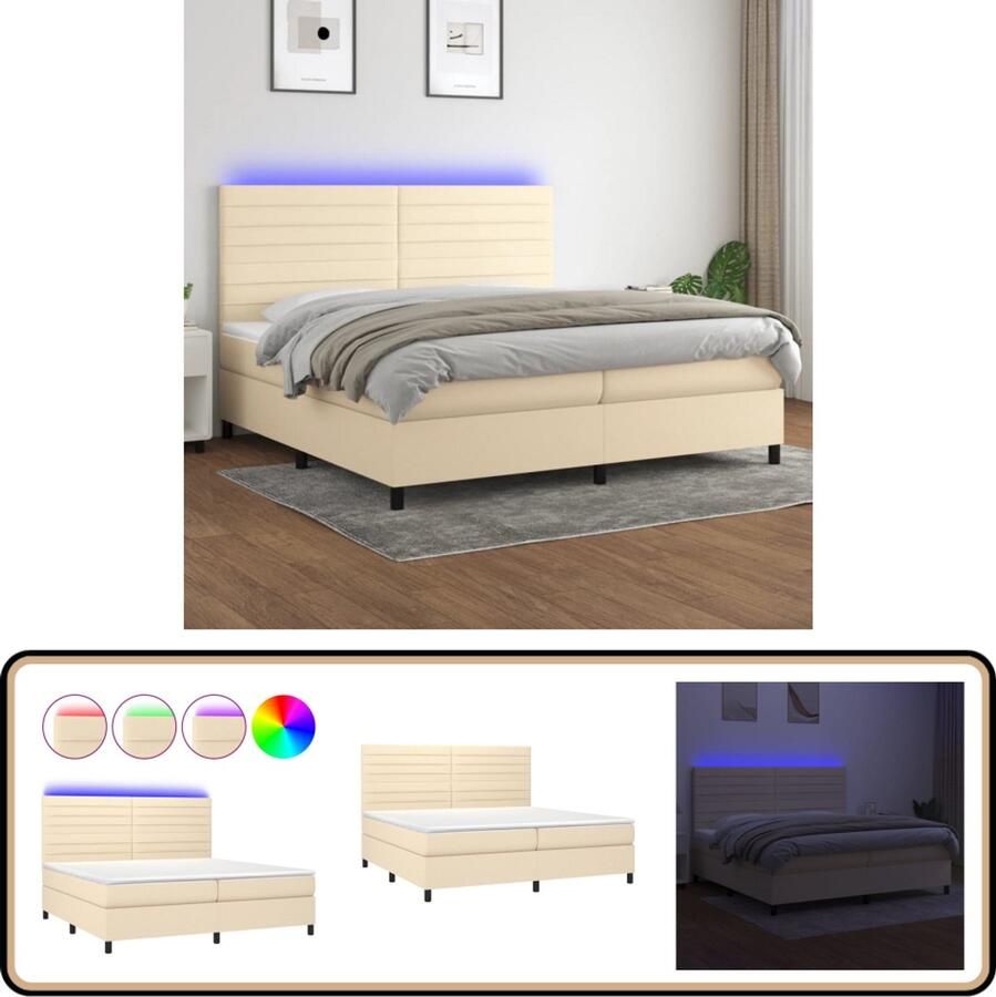 VidaXL Boxspring 200x200 cm LED crèmekleurig Boxspring Led Bed Hoofdbord Pocketveer Matras Creme Bed