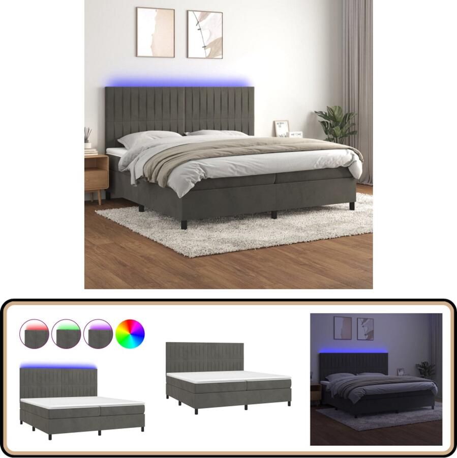 VidaXL Boxspring 200x200 cm LED Fluweel Donkergrijs Boxspring Fluweel Bed Led Bed Verstelbare Hoofdbord Pocketveer Matras