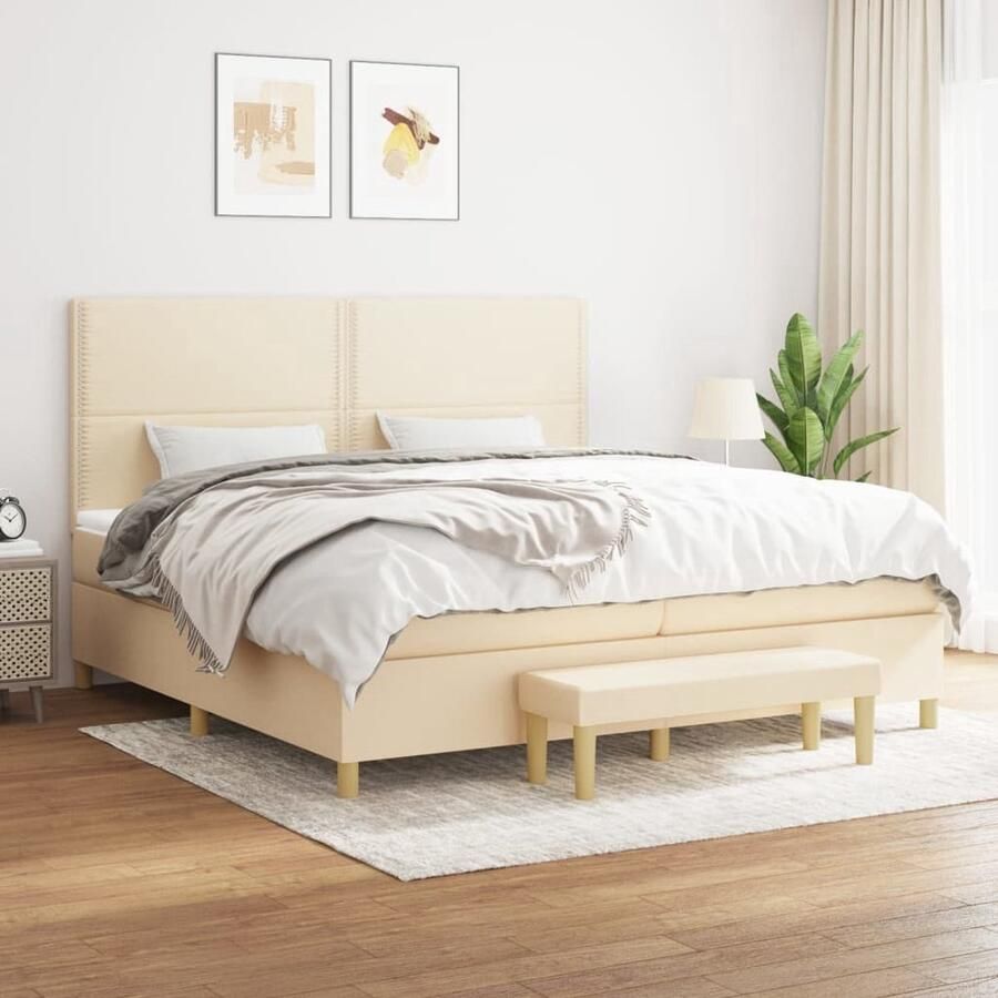 The Living Store Boxspringbed Crème 203 x 200 x 118 128 cm Duurzaam Hoogte verstelbaar hoofdbord Pocketvering matras Middelharde ondersteuning Huidvriendelijk topmatras Multifunctioneel bankje - Foto 2