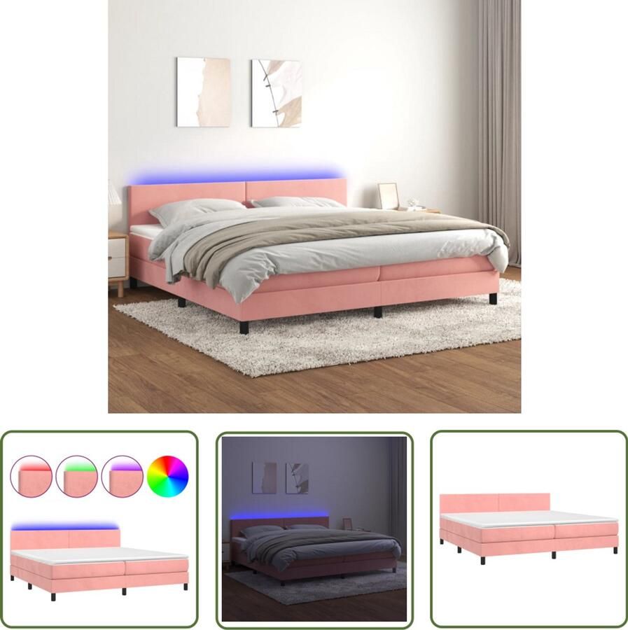 VidaXL Boxspring 200x200 cm Roze Inclusief LED Boxspring Led Boxspring Fluweel Boxspring Hoofdbord Pocketed Spring Mattress Rooskleurige Boxspring Tweepersoons Boxspring