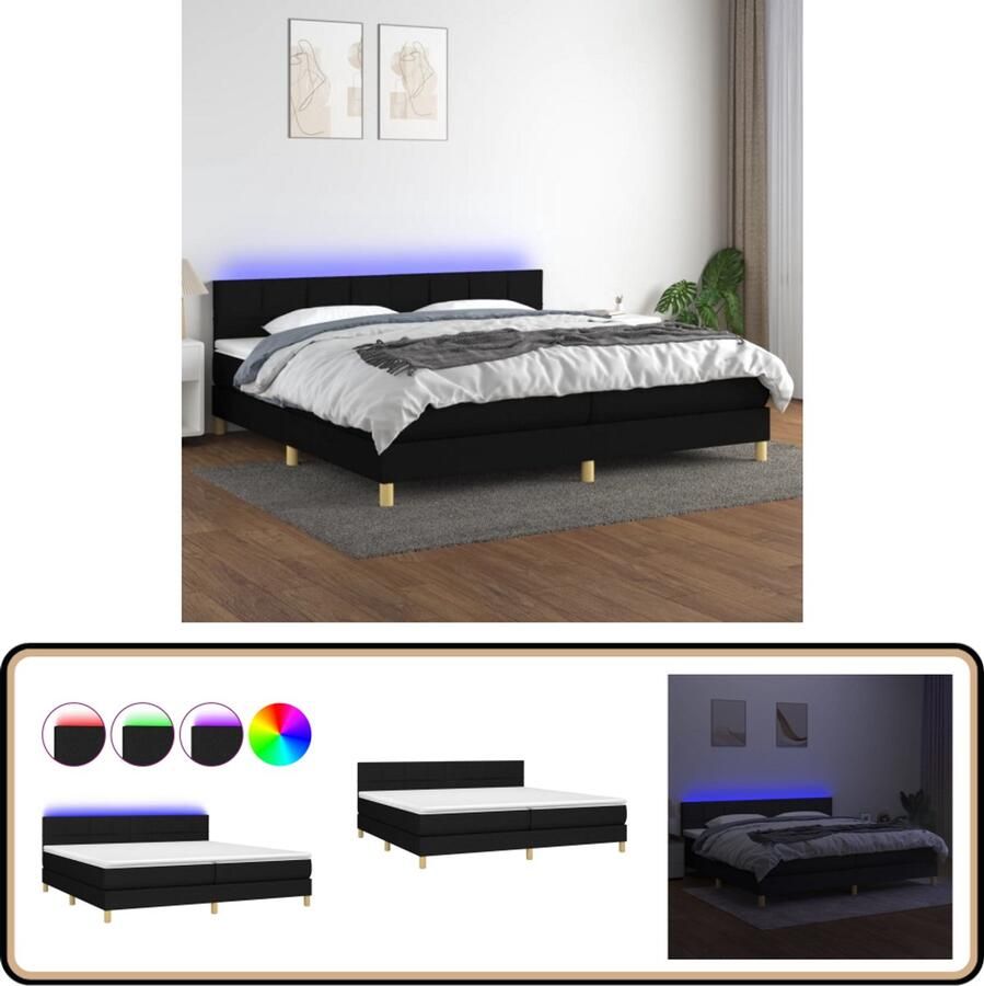 VidaXL Boxspring 200x200 cm Zwart Met LED Boxspring Led Bed Verstelbare Hoofdbord Pocketvering Matras Huidgevriendelijk