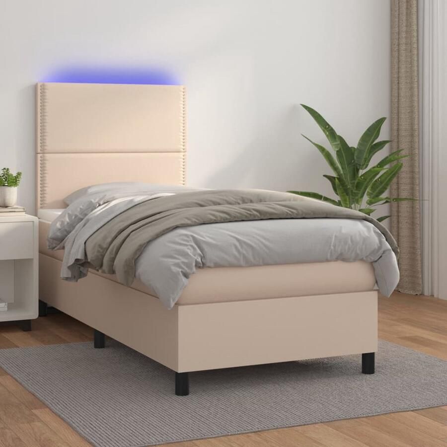 The Living Store Boxspring Bed LED Kunstleer Hoofdbord Pocketvering Topmatras 203x90x118 128cm Cappuccino Wit Boxspring Led Bed Kunstleder Bed Hoofdbord Pocketveer Matras