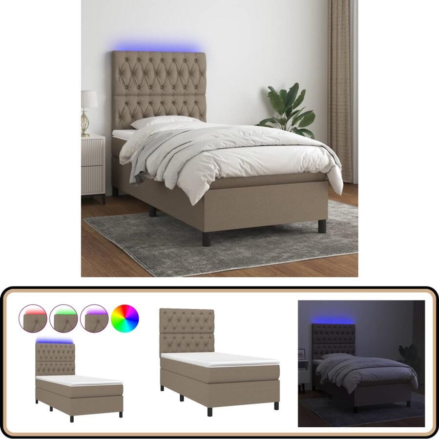 VidaXL Boxspring 80x200 cm Taupe Inclusief LED Boxspring Slaapcomfort Led Verlichting Taupecolor Tweepersoonsbed Frame Hoofdbord Matras Topper