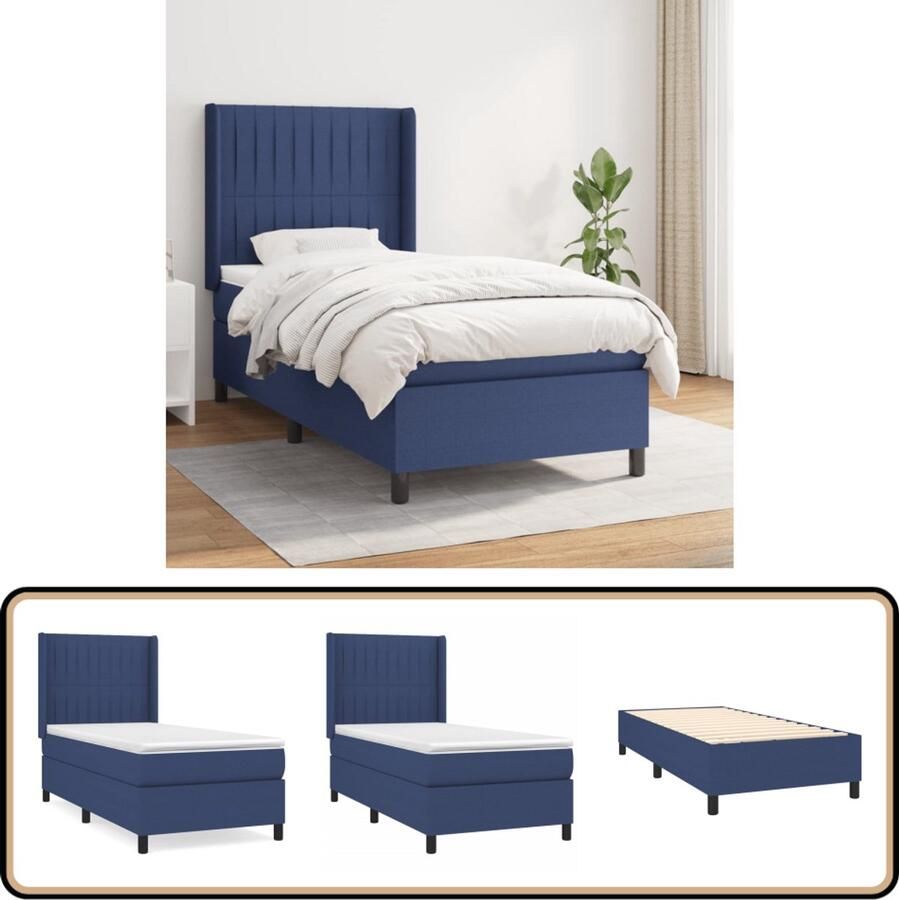 VidaXL Boxspring 90x190 cm Blauw Inclusief Matras Boxspringbed Boxspring Bed Slapen Nacht Relaxen Comfort Blauwe Kamer Bedroom Decor Houten Frame Pocketed Spring Mattress