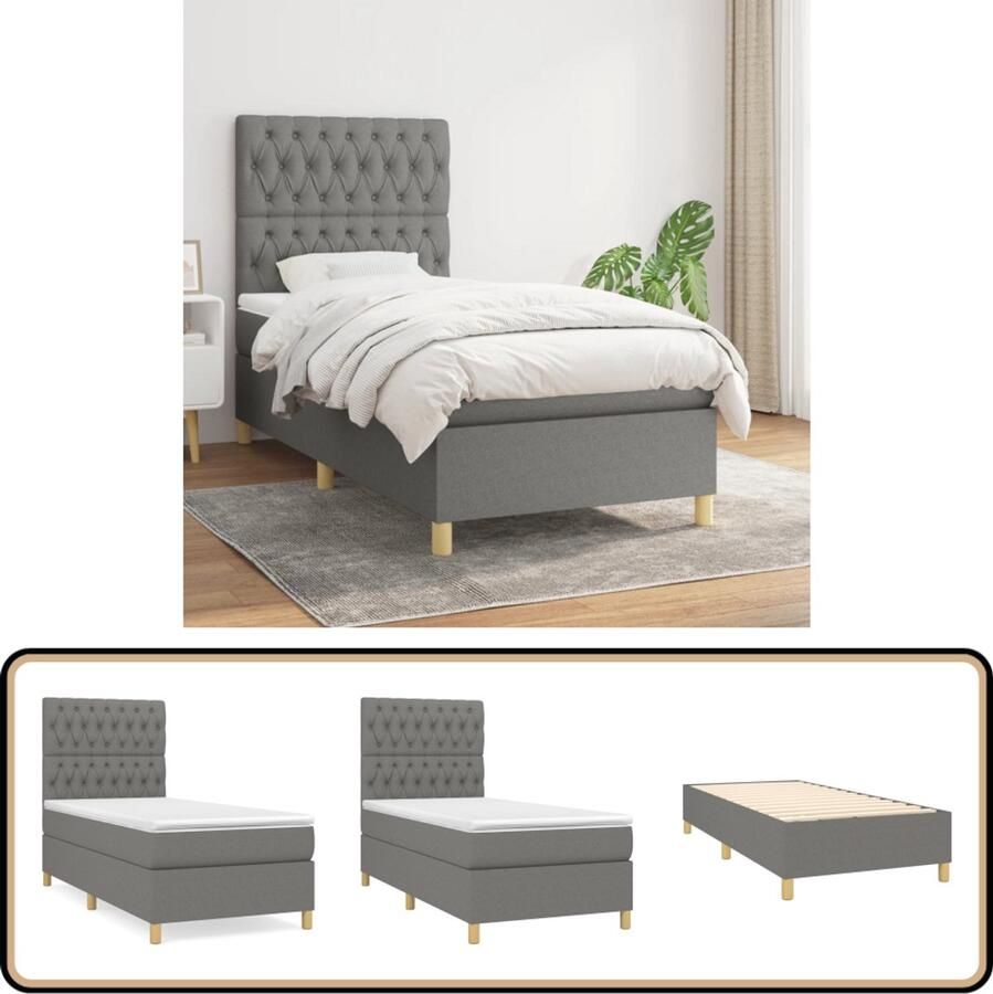 VidaXL Boxspring 90x200 cm Donkergrijs Inclusief Matras Boxspringbed Donkere Kleuren Tweepersoonsbed Pocketveermatras Middenhard Matras