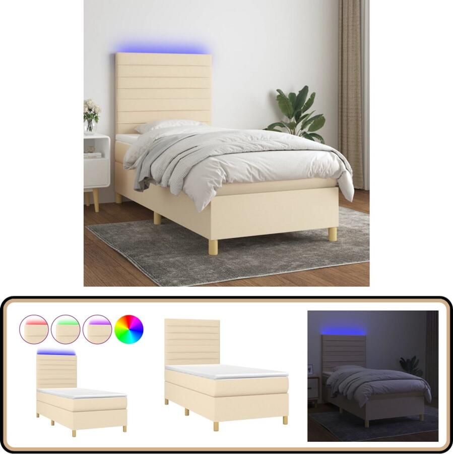 VidaXL Boxspring 90x200 cm Inclusief LED crème Boxspring Slaapcomfort Led Verlichting Creme Kleurtje Pocketed Veren Adjustable Headboard