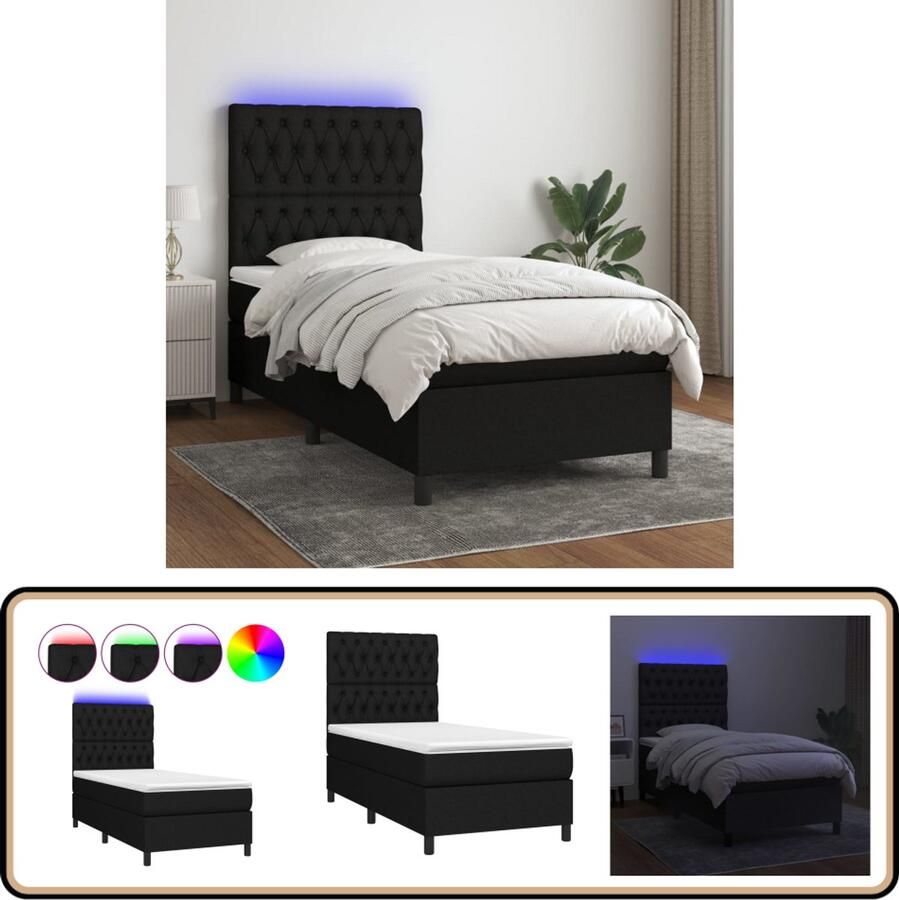 VidaXL Boxspring 90x200 cm LED Zwart Boxspring Bed Led Bed Pocketed Spring Mattress Adjustable Headboard Black Bed Frame