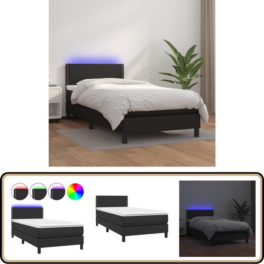 VidaXL Boxspring Met matras en LED Zwart 90x190 cm Boxspring Led Boxspring Kunstleder Bed Verstelbare Hoofdbord Pocketveer Matras Slaapcomfort