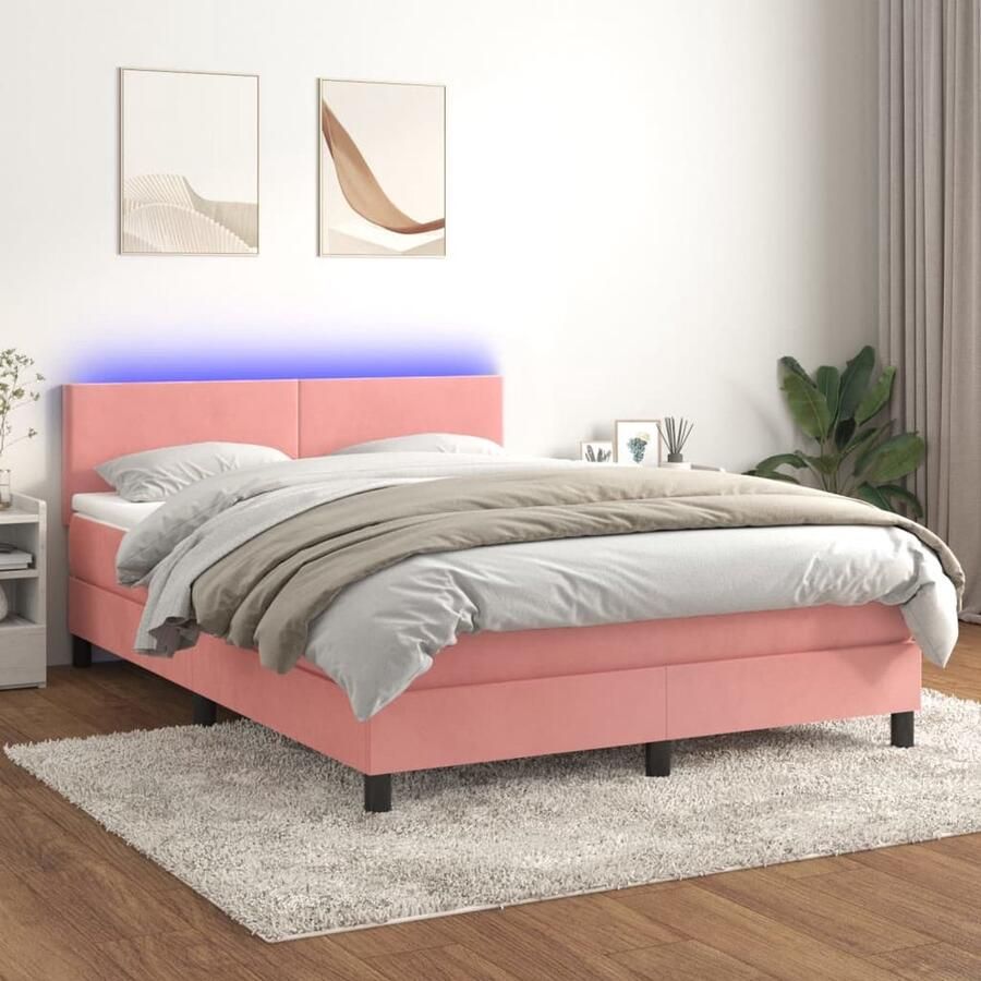 VidaXL Boxspring Bed 140x190 cm Inclusief LED en Matras Boxspring Bed Fluweel Bed Roze Bed Led Bed Pocketed Spring Mattress Adjustable Headboard - Foto 2