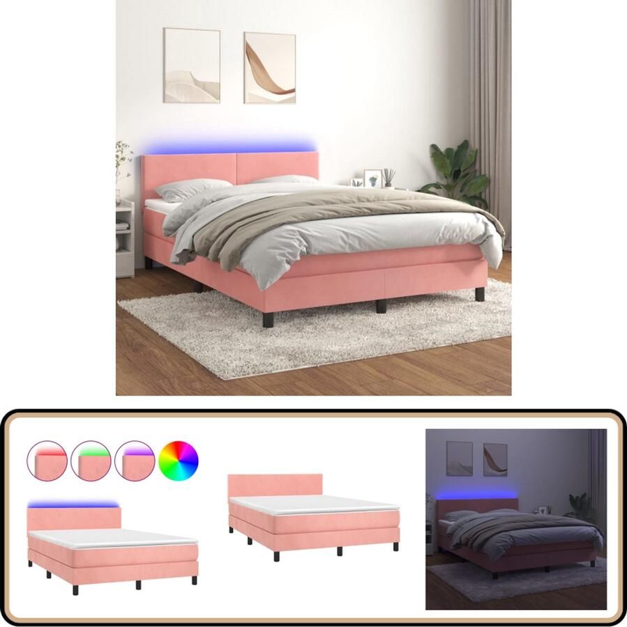 VidaXL Boxspring Bed 140x190 cm Inclusief LED en Matras Boxspring Bed Fluweel Bed Roze Bed Led Bed Pocketed Spring Mattress Adjustable Headboard