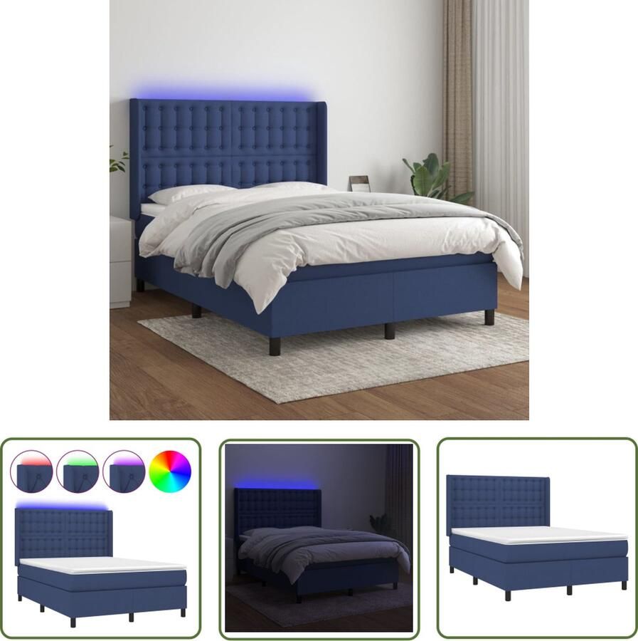 The Living Store Boxspring Bed Blauw 193 x 147 x 118 128 cm Inclusief Matras en LED Boxspring Bed Boxspring Led Lampje Slaapcomfort Slaapkamers