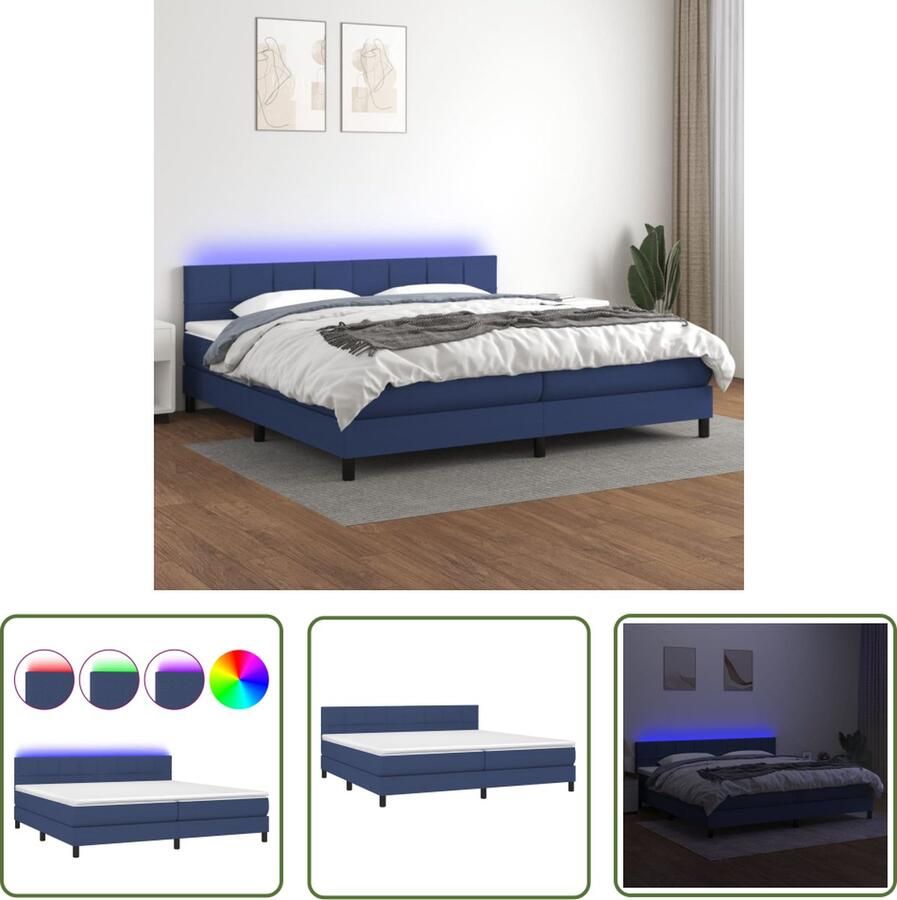 The Living Store Boxspring Bed Blue 203x200cm Adjustable Headboard LED Lights Pocket Spring Mattress Skin-Friendly Topper (- ) Boxspring Bed Boxspring Tweepersoonsbed Slaapcomfort Led Verlichting