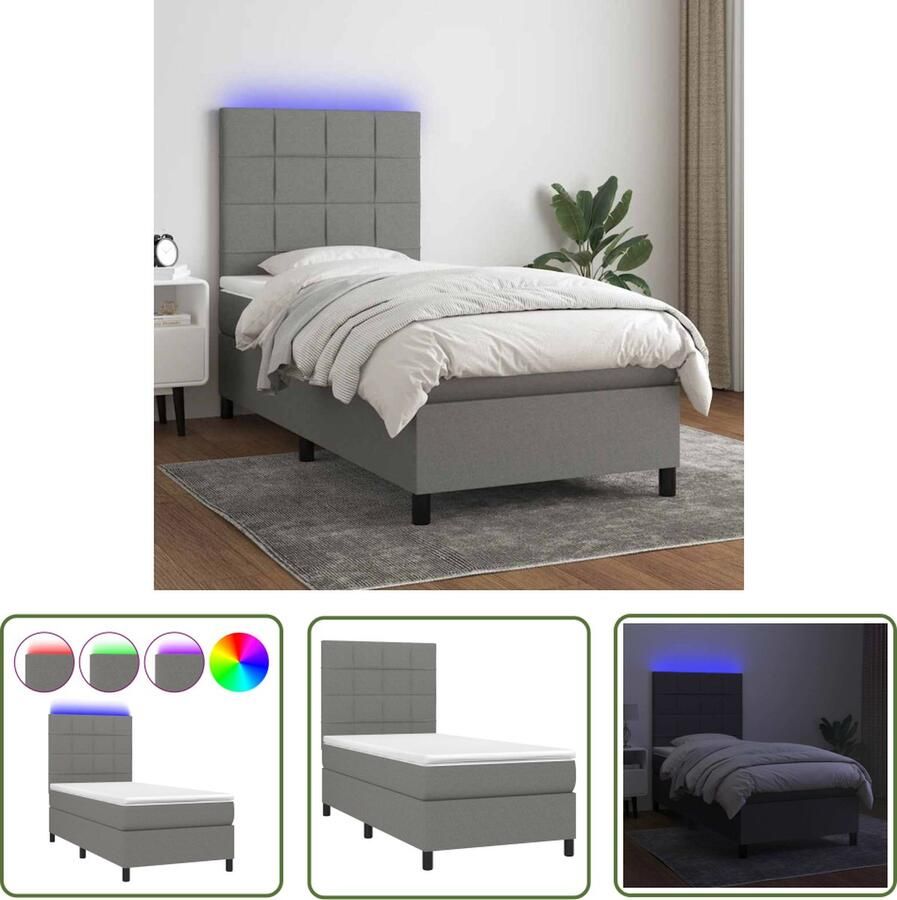 The Living Store Boxspring Bed Donkergrijs 203 x 80 x 118 128 cm Verstelbaar hoofdbord Kleurrijke LED-verlichting Pocketvering matras Huidvriendelijk topmatras Inclusief montagehandleiding