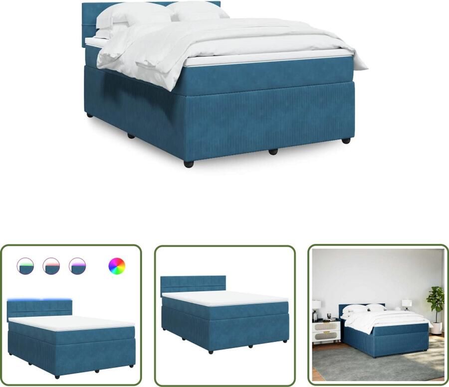 VidaXL Boxspring Bed Boxspring met matras fluweel blauw 160x200 cm Fluweel Bed Tweepersoons Bed Led Verlichting