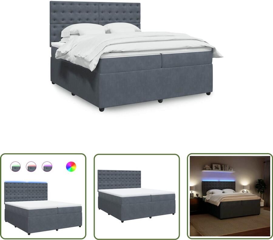 VidaXL Boxspring Bed Boxspring met matras fluweel donkergrijs 200x200 cm Fluweel Bed Dark Grey Bed Led Lamp