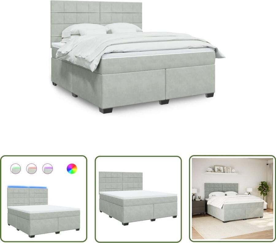 VidaXL Boxspring met matras fluweel lichtgrijs 180x200 cm Boxspring Bed Fluweel Bed Led Lamp Elektrisch Hoofdbord