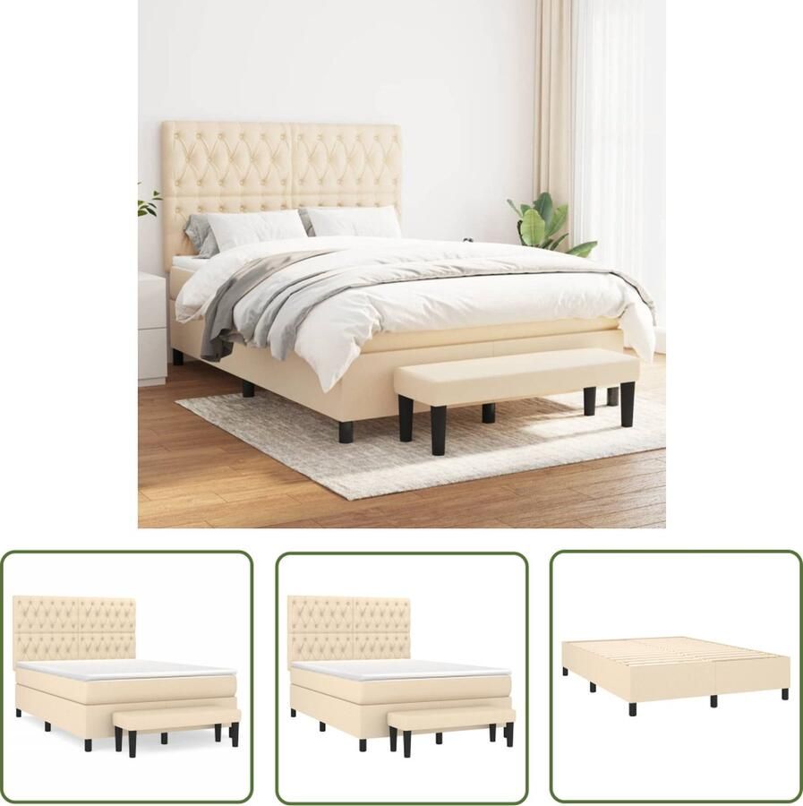 The Living Store Boxspring met matras stof crèmekleurig 140x190 cm Boxspring Bed Boxspring Creme Kleurig Bed Tweepersoons Bed Pocketed Veren Matras