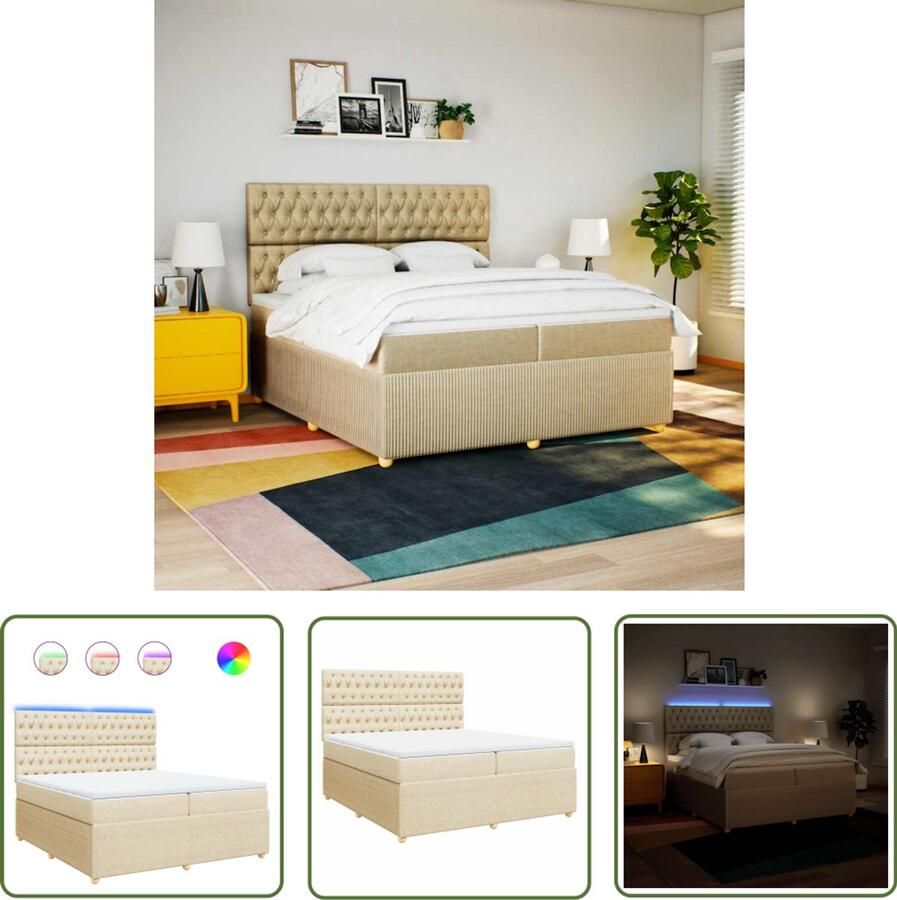 VidaXL Boxspring Bed Boxspring met matras stof crèmekleurig 200x200 cm Creme Kleurtje Led Verlichting Elektrisch Verstelbaar