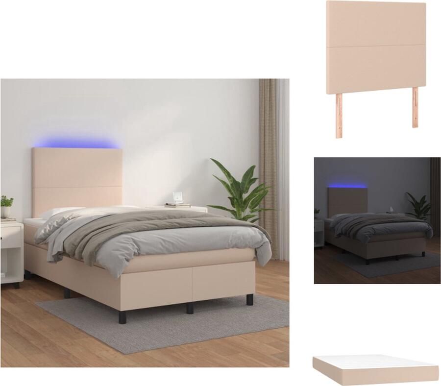 VidaXL Boxspring Bed LED-verlichting Kunstleer Verstelbaar Hoofdbord Pocketvering Matras Huidvriendelijk Topmatras Cappuccino 203x120x78 88 cm Bed - Foto 4
