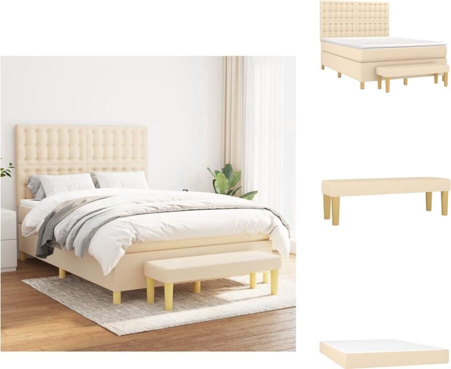 VidaXL Boxspring Bed Crème 193 x 144 x 118 128 cm Duurzaam materiaal Verstelbaar hoofdbord Pocketvering matras Middelharde ondersteuning Huidvriendelijk topmatras Multifunctioneel bankje Bed - Foto 3