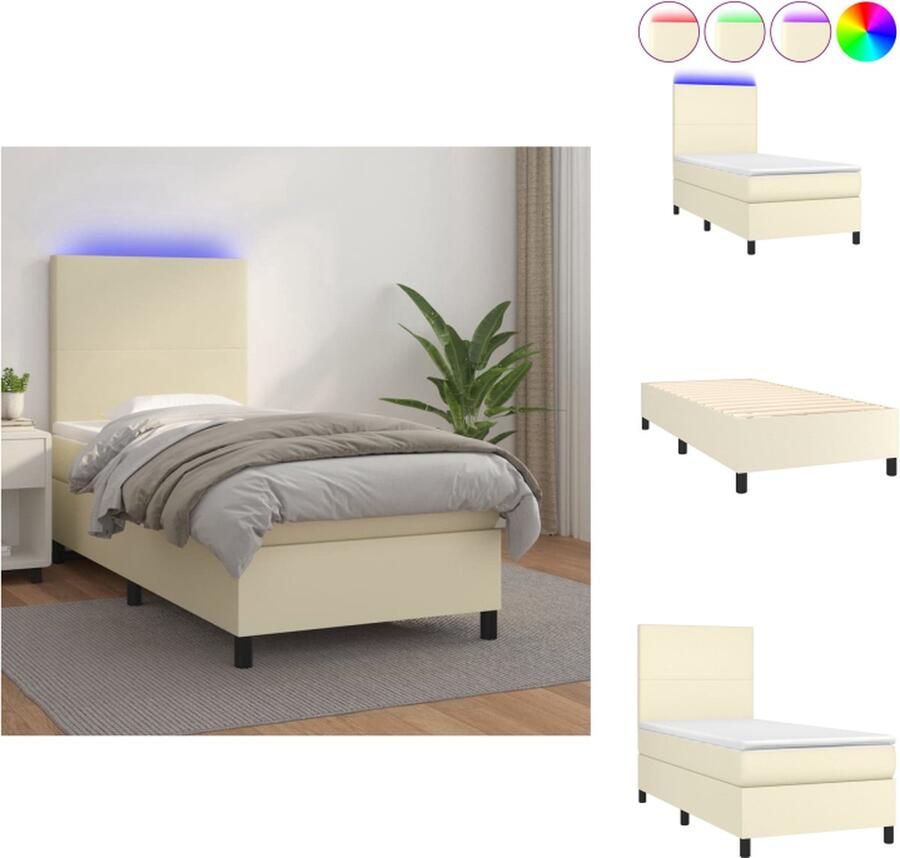 VidaXL Boxspring Bed Crème 203 x 90 x 118 128 cm Duurzaam kunstleer Verstelbaar hoofdbord Kleurrijke LED-verlichting Pocketvering matras Huidvriendelijk topmatras Inclusief montagehandleiding en LED-strip Bed