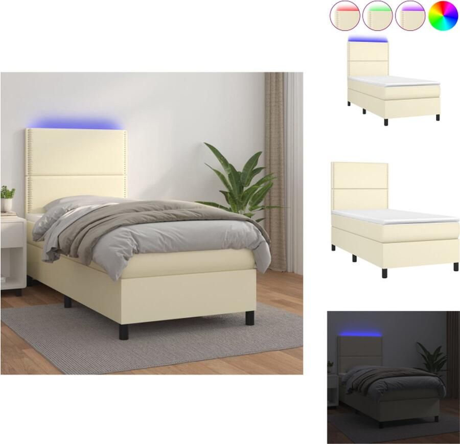 VidaXL boxspring bed Crème kunstleer 203 x 100 x 118 128 cm Met verstelbaar hoofdbord LED-verlichting pocketvering matras en huidvriendelijke topmatras Bed