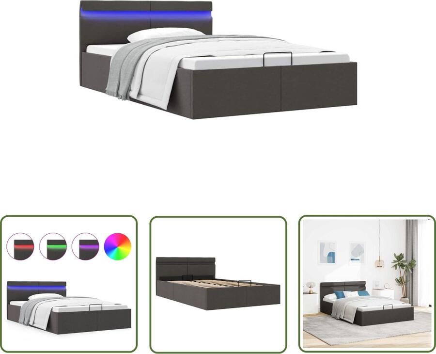 The Living Store Bedframe Donkergrijs 211 x 148 x 73 cm met opbergvak en LED-strip Donker Grijs Bed Boxspring Bed Led Verlichting Bed Hydraulisch Bed Opbergbed