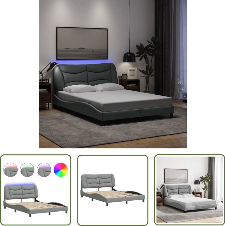 VidaXL Boxspring Bed Frame Bedframe met LED zonder matras Hvar stof 140x190 cm lichtgrijs Tweepersoonsbed Led Lamp Hoofdbord