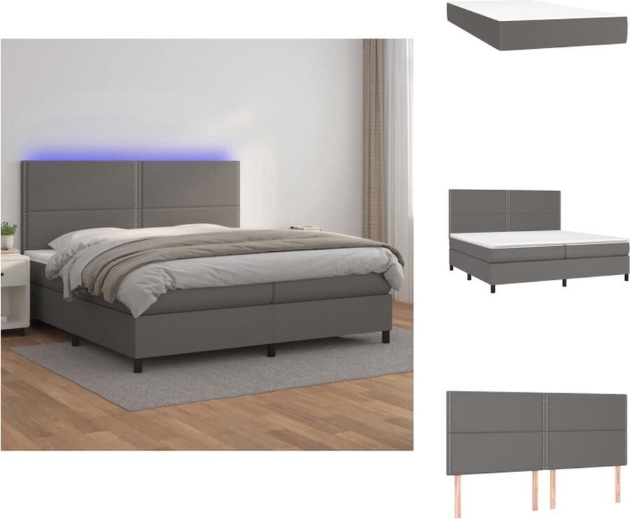 VidaXL Boxspring Bed grijs kunstleer pocketvering matras verstelbaar hoofdbord kleurrijke LED-verlichting huidvriendelijk topmatras Bed - Foto 5