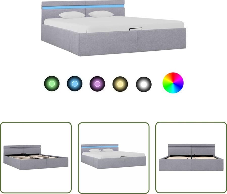 The Living Store bedframe lichtgrijs stoffen bekleding hydraulisch opbergvak LED-strip 211 x 188 x 73 cm geschikt voor matras 180 x 200 cm 5 V USB-aansluiting