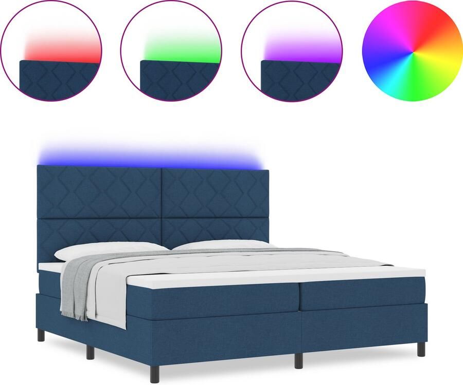 VidaXL boxspringbed met matras en LED-verlichting marineblauw 200 x 200 cm stof - Foto 2