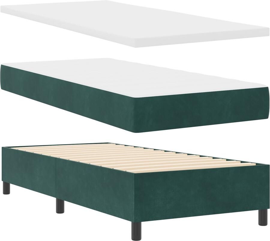 VidaXL Boxspring Bed met Matras & Bench Donkergroen 90x190 cm Fluweel - Foto 2