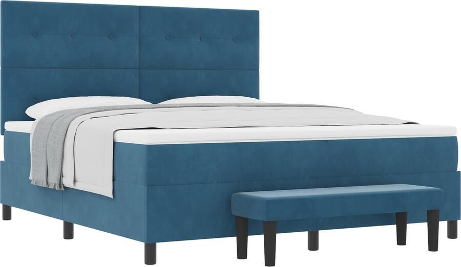 VidaXL Boxspring Bed met Matras & Bank Donkerblauw 180x200 cm Fluweel - Foto 2