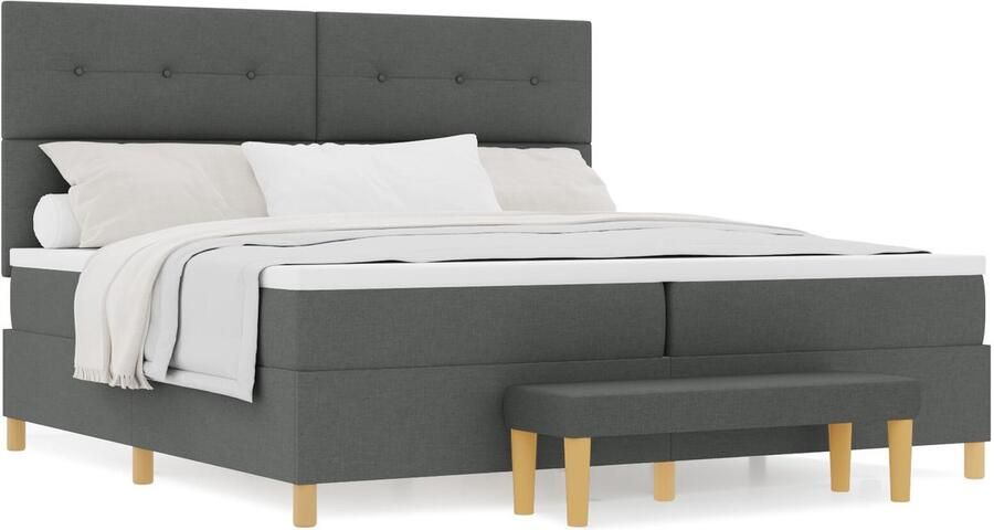 VidaXL Boxspring Bed met Matras & Bank Donkergrijs 200x200 cm Stof - Foto 2