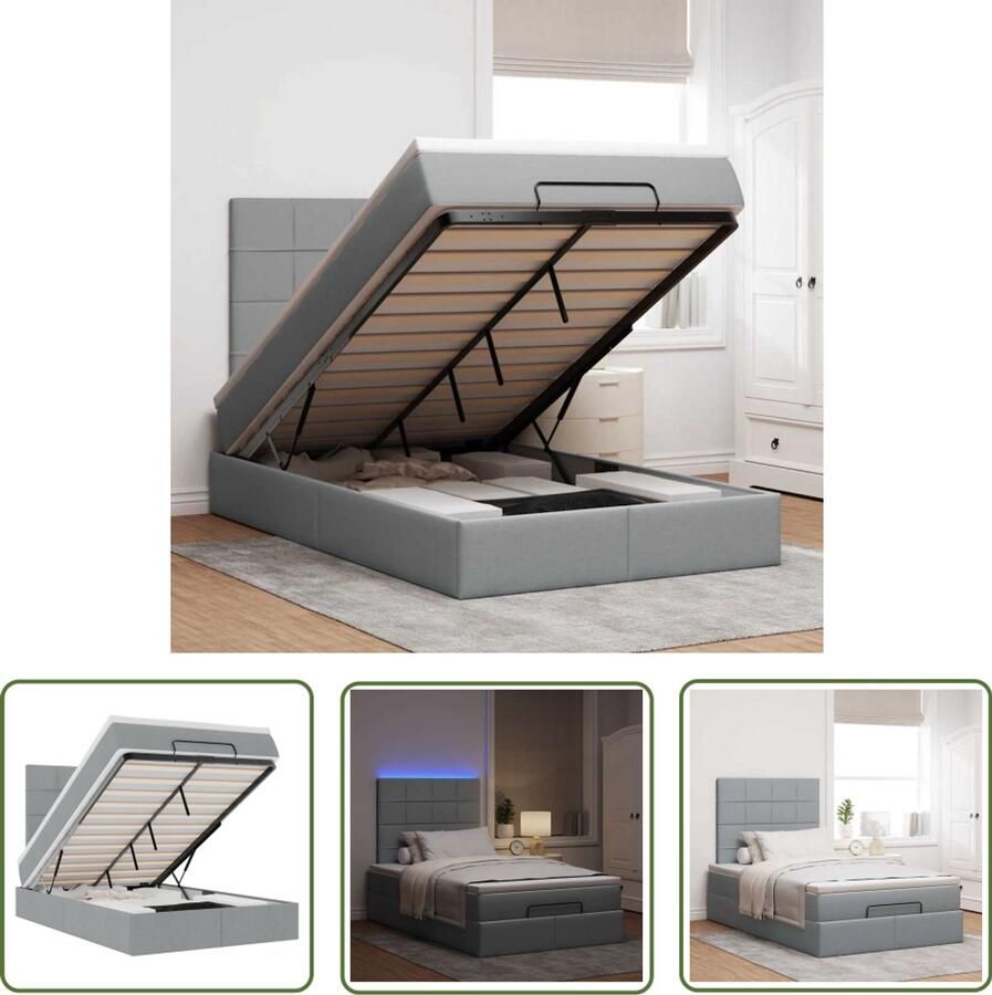 The Living Store Ottoman bed met matras en LED's 120x200cm stof lichtgrijs Ottoman Bed Boxspring Bed Tweepersoonsbed Stapelbaar Bed Led Lamp