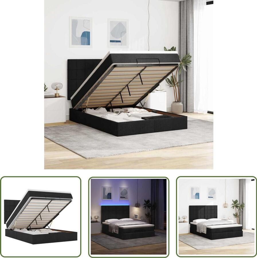 VidaXL Ottoman bed met matras en LED's 140x190cm stof zwart Ottoman Bed Boxspring Bed Slaapbank Led Lampen Opbergbed