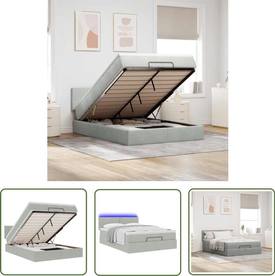 VidaXL Ottoman bed met matras en LED's 140x200cm fluweel lichtgrijs Ottoman Bed Boxspring Bed Tweepersoonsbed Led Lamp Opbergbed
